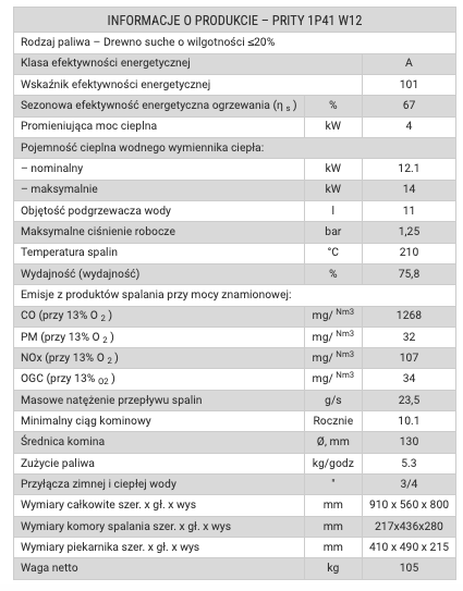 Piec na paliwo stałe Prity W12 1P41 z wymiennikiem ciepłej wody - Wylot spalin: Lewy