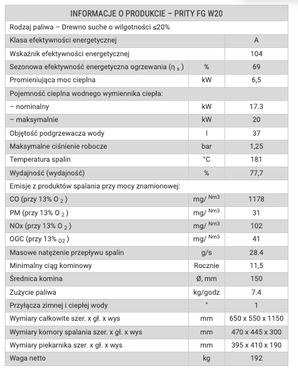 Piec kominkowy Prity FG W20 z piekarnikiem i wymiennikiem wodnym