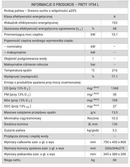 Piec na paliwo stałe Prity 1P34 L - Wylot spalin: Poprawny