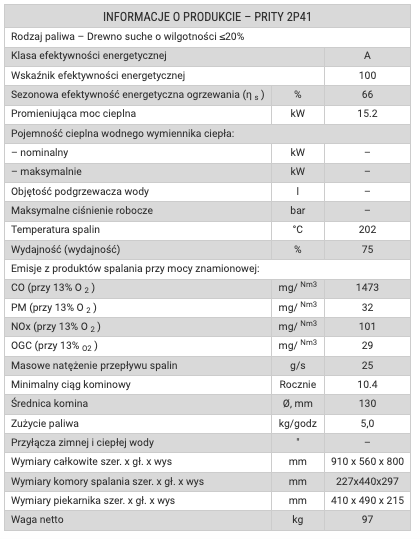 Piec na paliwo stałe Prity 2P41 - Wylot spalin: Poprawny